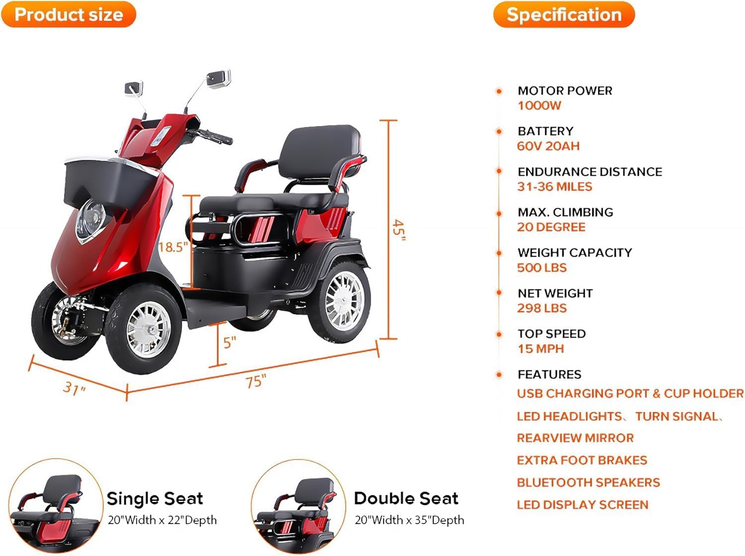 3 Speed 1000W 2 Seater Mobility Scooter with Bluetooth Speaker, Red D555
