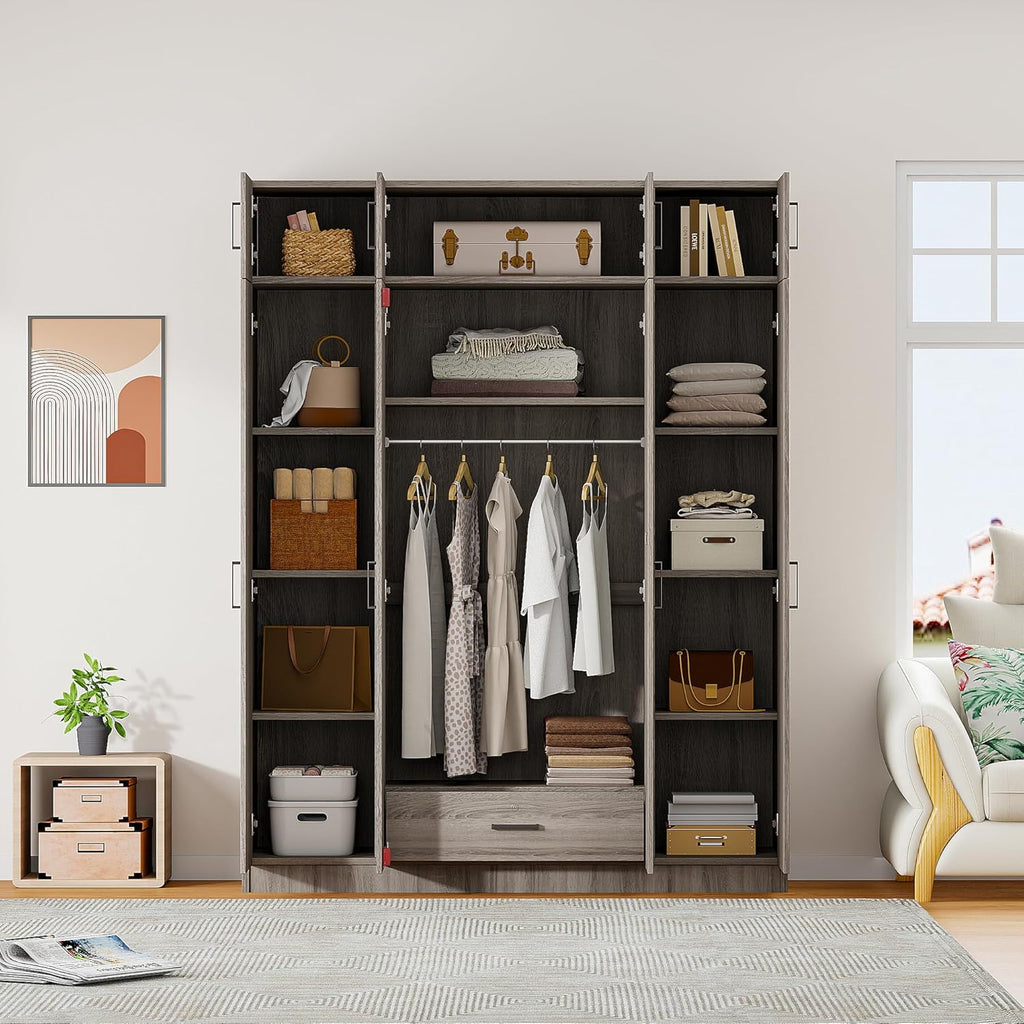Modern 4-Door Wardrobe with Drawer, Wood High Cabinet Closet, Gray C380
