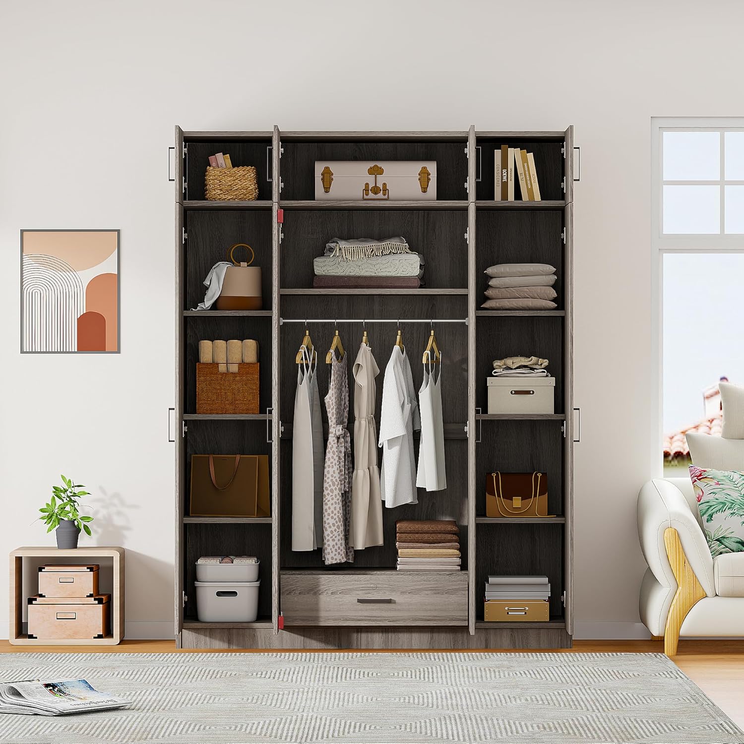 Modern 4-Door Wardrobe with Drawer, Wood High Cabinet Closet, Gray C380