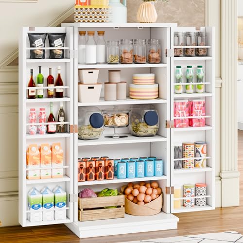 Meilocar 47in Pantry Cabinet, Wooden Kitchen Storage Cabinets Freestanding Cupboard with Doors & Adjustable Shelves, Storage Cabinet for Kitchen, Living Room, Dining Room, Office(Black)