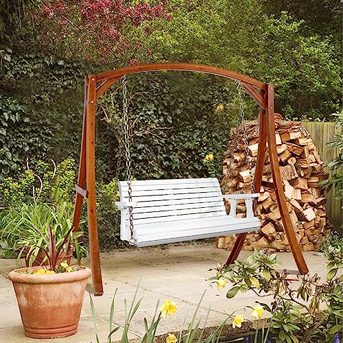 VINGLI Patio Wooden Porch Swing Chair with Hanging Chains, 5 FT, White W381253