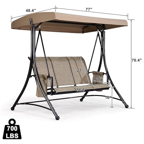 PURPLE LEAF 3-Seat Outdoor Patio Swing with Steel Frame, Beige B217659