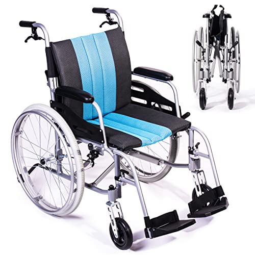 Lightweight Wheelchair 21lbs Self-propelled Chair with Travel Bag and Cushion, Portable 17.5” W Seat, Brake, Anti-Tipper, Swing-Away Footrests, 220lbs Weight Capacity, Blue (Pack of 1)