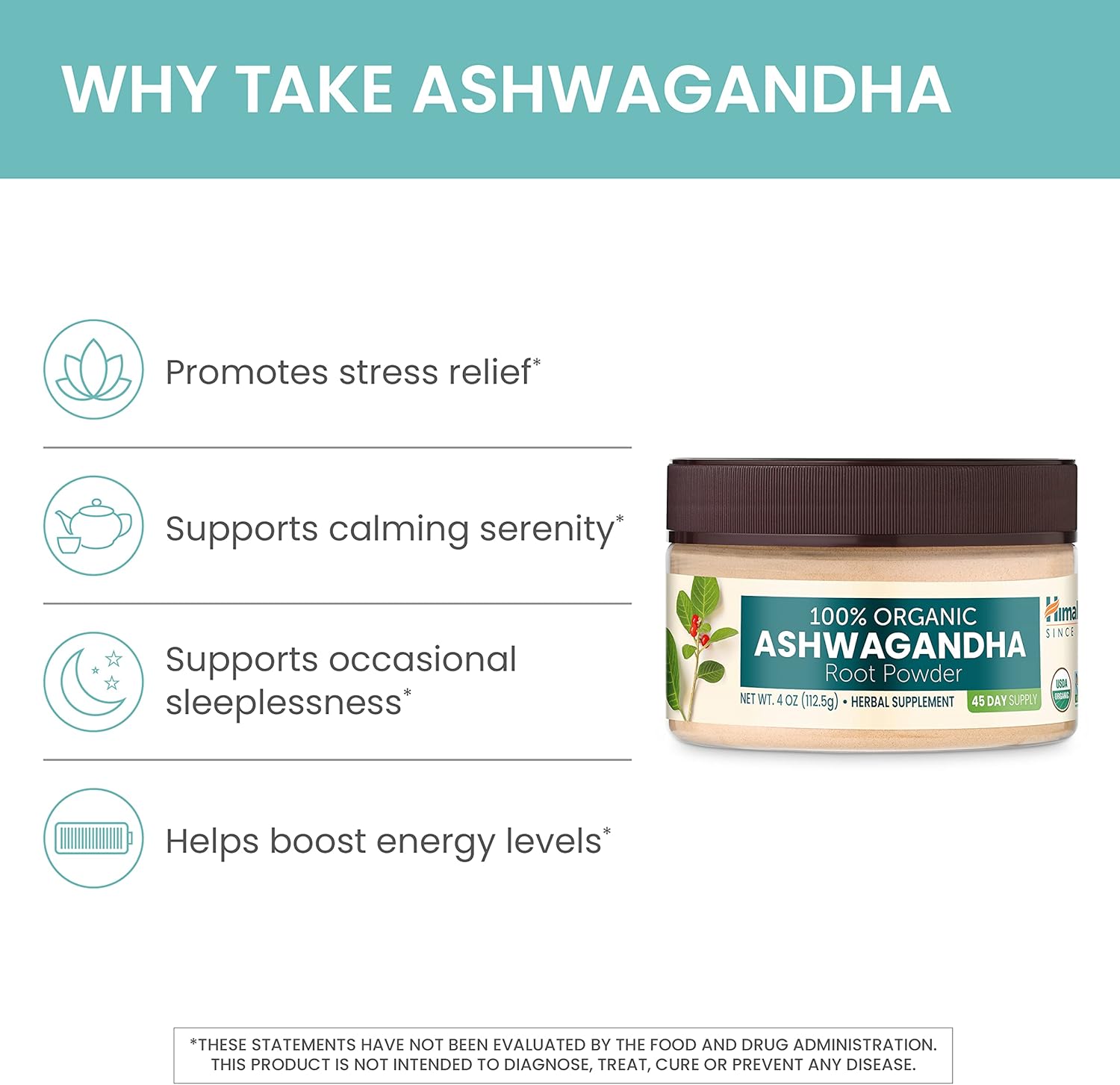 Himalaya USDA Organic Ashwagandha Root Powder Supplement, 4 Oz P8030