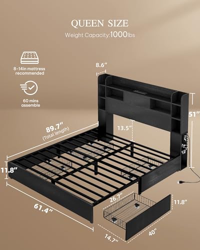 YITAHOME Queen Bed Frame with Bookcase Headboard and 4 Storage Drawers, Black L762695