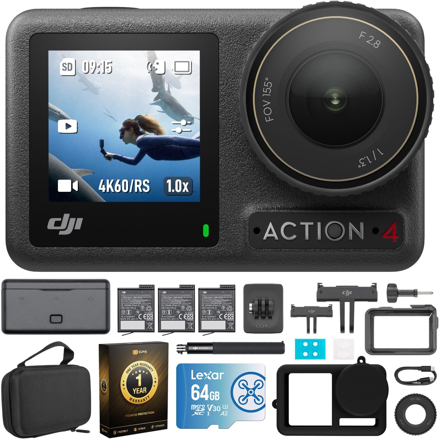 DJI Osmo Action 4 Adventure Combo - 4K Waterproof Action Camera with Battery Case Bundle with Lexar 64GB Memory Card, Protective Case, Carrying Case and 1 YR CPS Enhanced Protection Pack