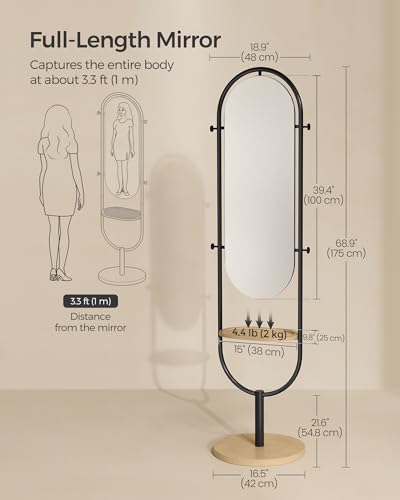 SONGMICS Full-Length Floor Mirror, 3-in-1, Standing, Oak Beige and Ink Black G63552