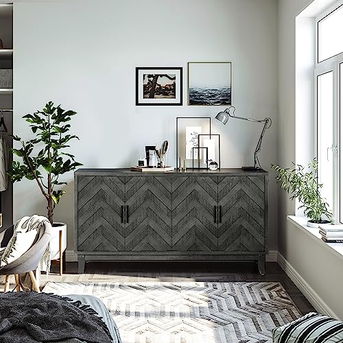 Vintage Sideboard Cabinet with 4 Doors, Adjustable Shelves, Taupe Grey U86706