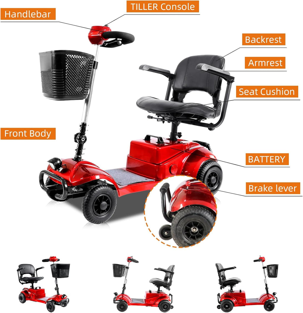 4 Wheel Foldable Mobility Scooter with Basket for Adults and Elderly, Red U746