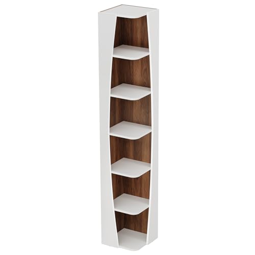 Tribesigns White and Walnut 6-Tier Corner Bookcase with Storage N44402