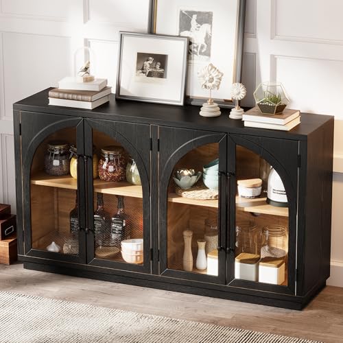 Amposei Retro Accent Sideboard 60-Inch Glass Doors Console Storage Cabinet Credenza Buffet Cabinet with Adjustable Shelves for Living Dining Room Kitchen, Navy Blue