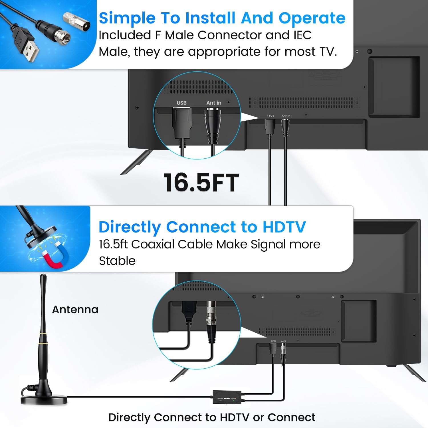 Vassink TV Antenna Indoor for Smart TV 4K HDTV, 380 Miles Range with 16.5FT Coax Cable S65536