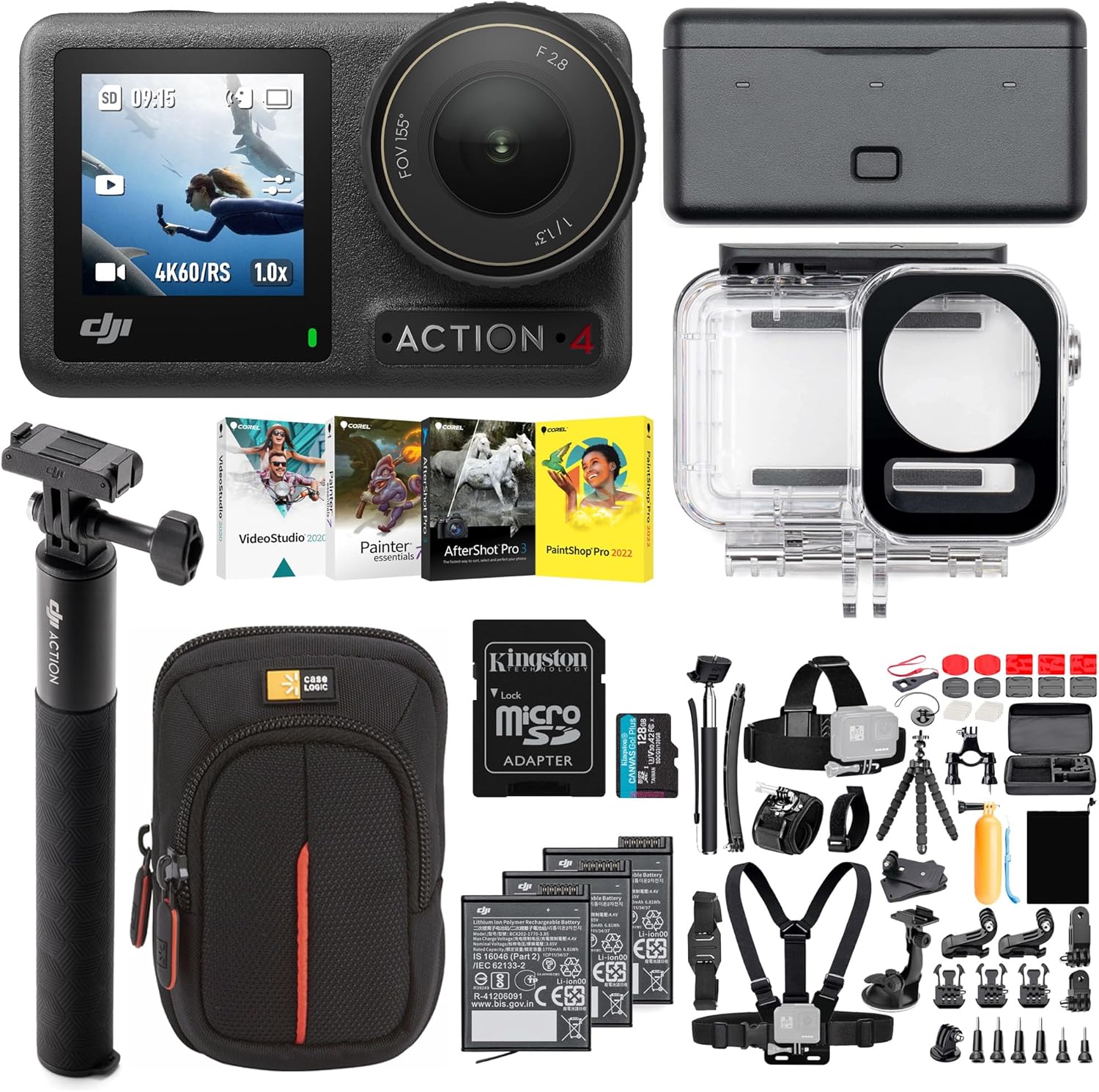 DJI Osmo Action 4 Camera Adventure Combo Waterproof Bundle with 50 Piece Accessory Kit, Memory Card and Software - 1/1.3 Sensor, Low-Light Imaging, Deep-Freeze Resistant & Long-Lasting Battery Life