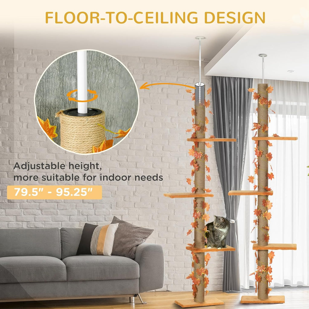 Pawhut Floor to Ceiling Cat Tree, 80" - 95" Adjustable, 3-Level with Sisal Scratching Post D4704
