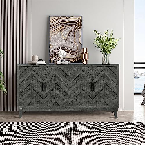 Vintage Sideboard Cabinet with 4 Doors, Adjustable Shelves, Taupe Grey U86706