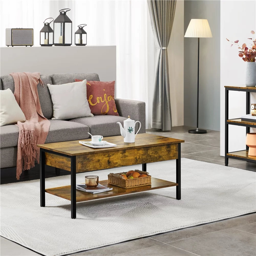 Alden Design Wood Lift Top Coffee Table with Hidden Compartment, Rustic Brown R562
