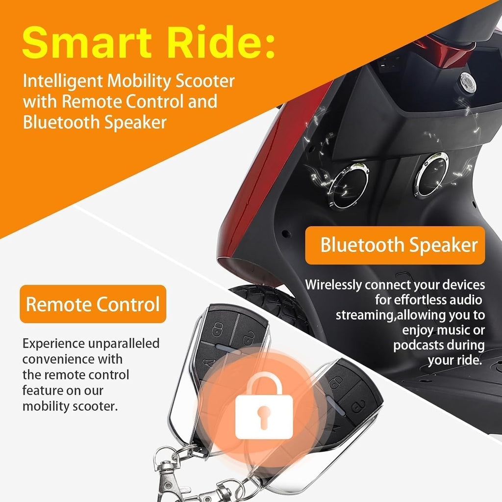 3 Speed 1000W 2 Seater Mobility Scooter with Bluetooth Speaker, Red D555