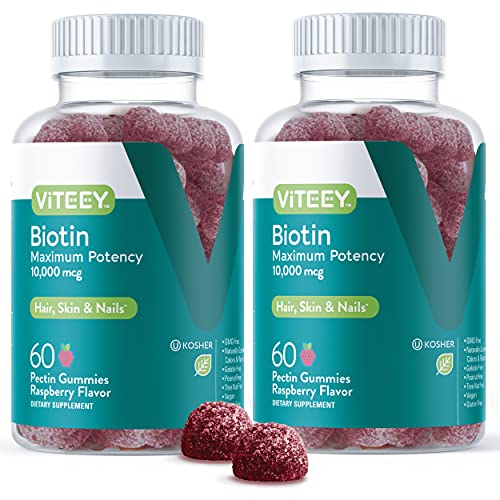 Biotin Gummies for Hair, Skin, and Nails 10,000mcg - Hair Growth Gummies, Healthy Skin Glow, Strong Healthy Nail Growth - Vegan, Gluten Free, Gelatin Free, GMO Free - Tasty Chewable Raspberry Flavor