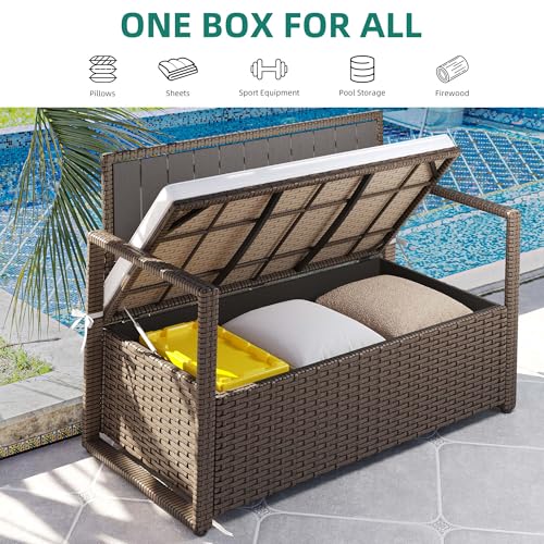 YITAHOME 90 Gallon Outdoor Wicker Storage Bench with Cushion, Black & Beige K940826