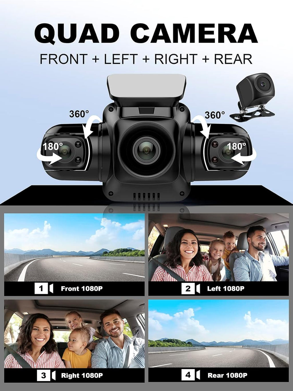 4 Channel Dash Cam Front Rear Inside FHD 1080P for Cars, Built-in WiFi T111