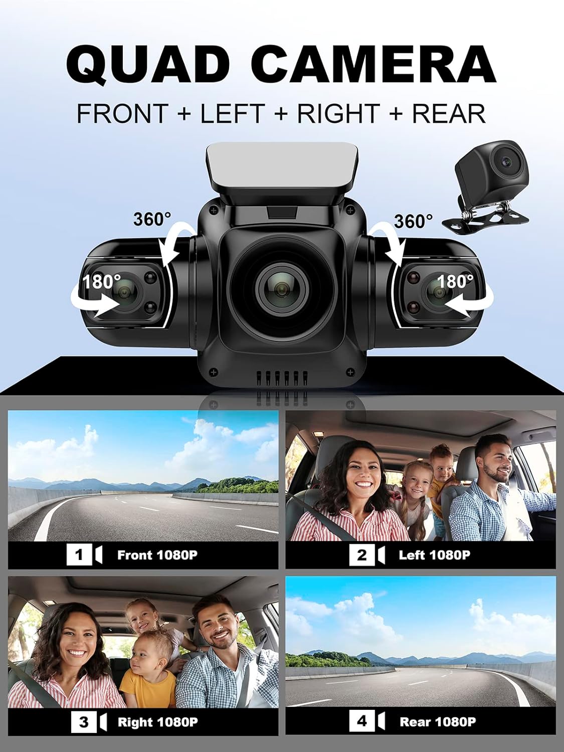 4 Channel Dash Cam Front Rear Inside FHD 1080P for Cars, Built-in WiFi T111