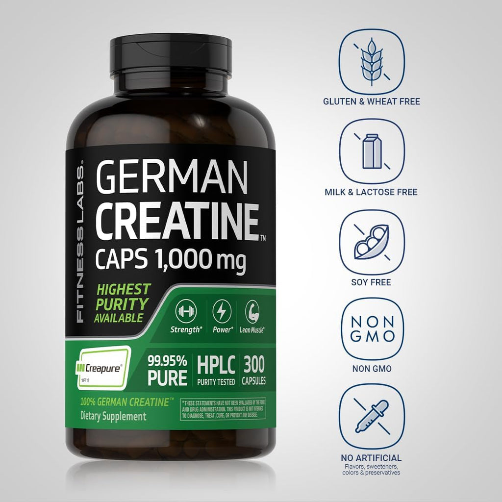 Fitness Labs German Creatine Capsules 1000mg, 300 Count, Monohydrate Supplement F72541