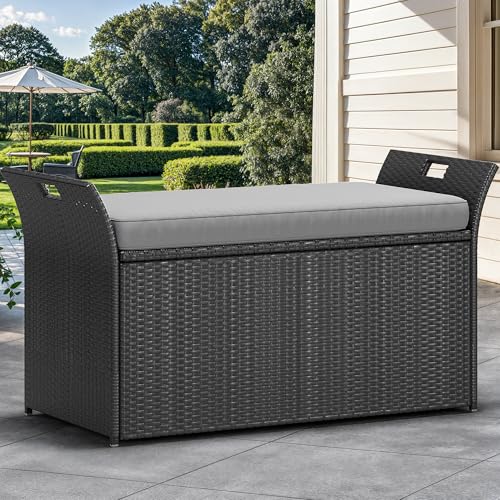 YITAHOME 90 Gallon Outdoor Wicker Storage Bench with Cushion, Black & Beige K940826