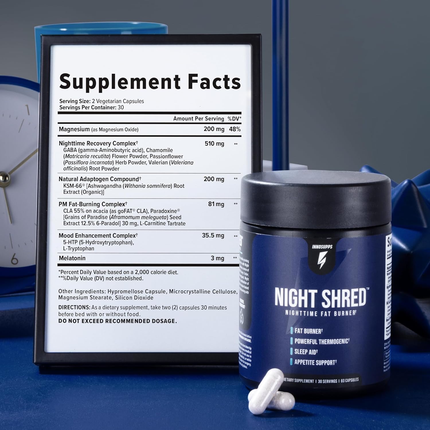 Night Shred Fat Burner & Sleep Support with Ashwaganda, 5-HTP, CLA, Melatonin - 60 Capsules U410621