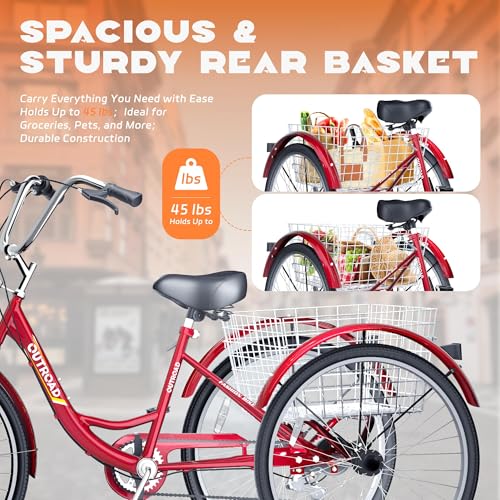 Adult Tricycle with Large Basket 24/26 Inch, 7-Speed 3-Wheel Bike I7207