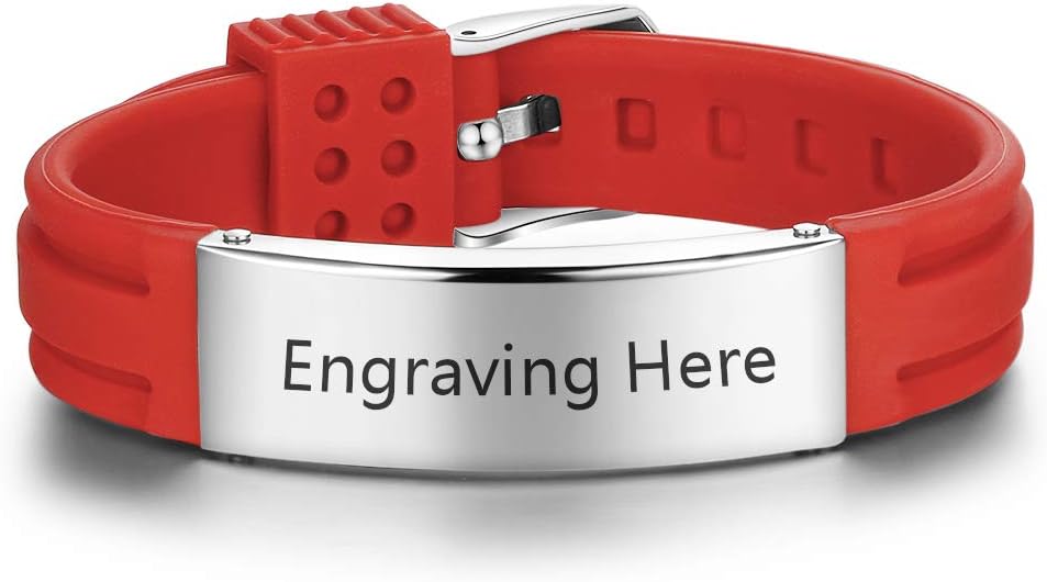 Free Engraving 9 Inches Waterproof ID Personalized Silicone Adjustable Medical Alert Bracelets Sport Emergency ID Bracelets for Men Women (Style 6)