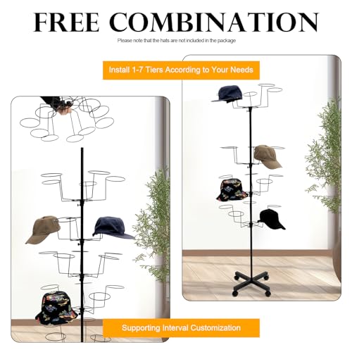 7-Tier Rotating Hat Display Rack, 35 Hooks Metal Freestanding Black S320190