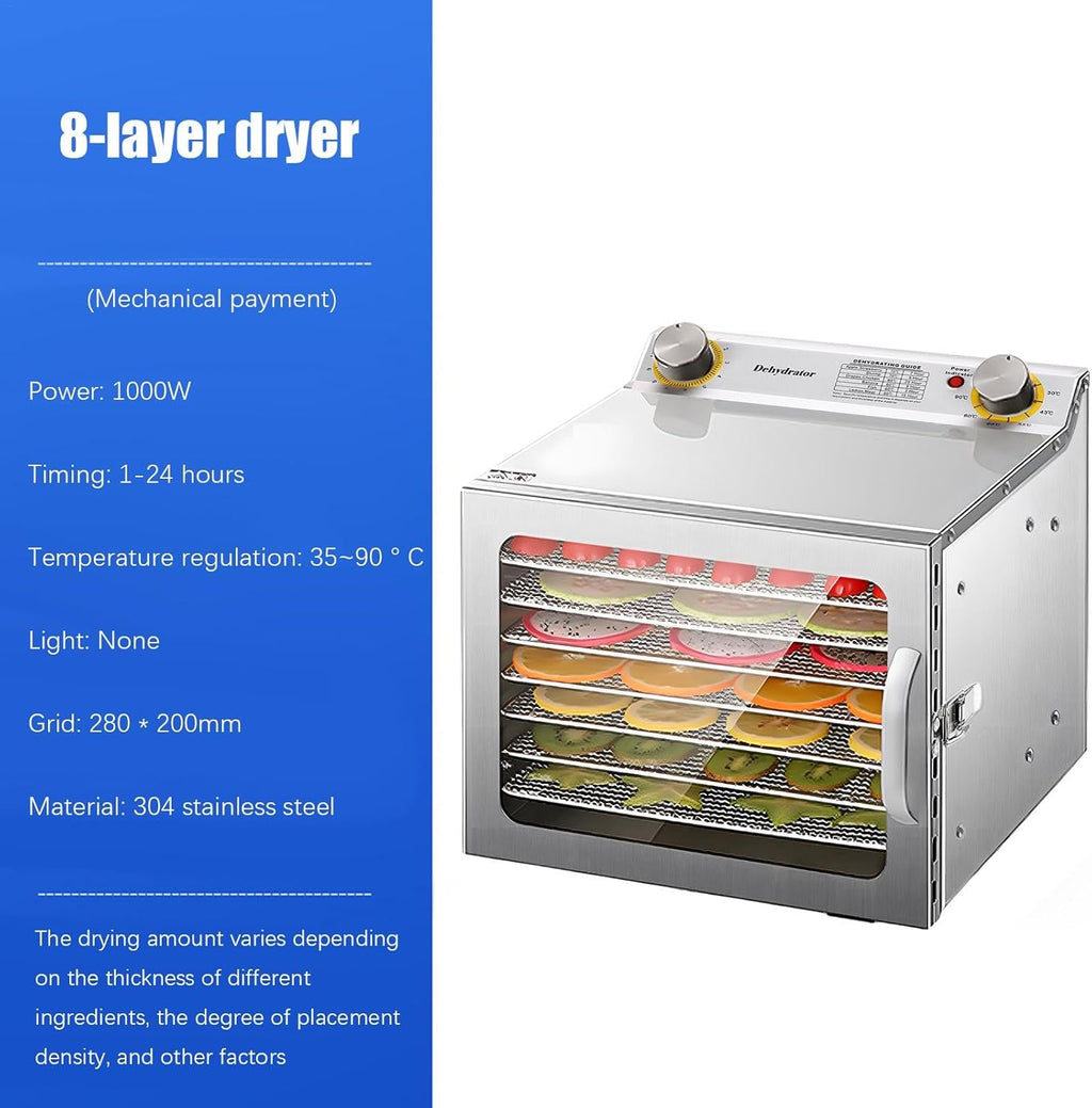 Food Dehydrator Machine, 8 Stainless Steel Trays, Digital Timer, 1000W U701