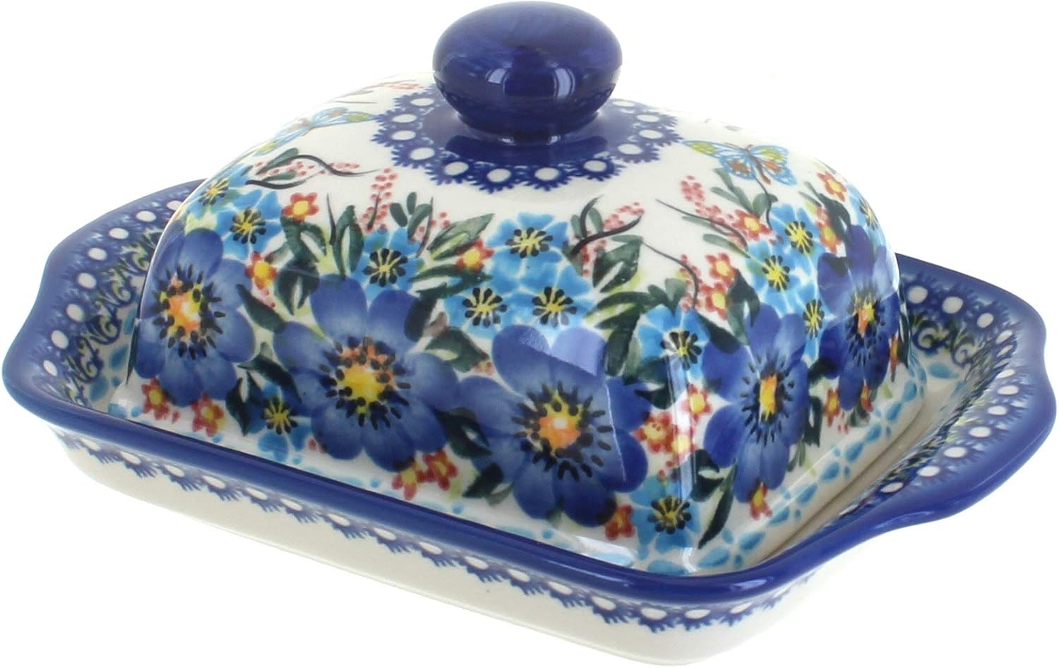 Blue Rose Polish Pottery Garden of Blue Square Butter Dish