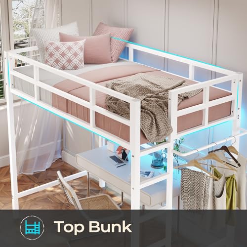 DICTAC Twin Loft Bed with Ladder and Guardrail, LED Lights, White B3802