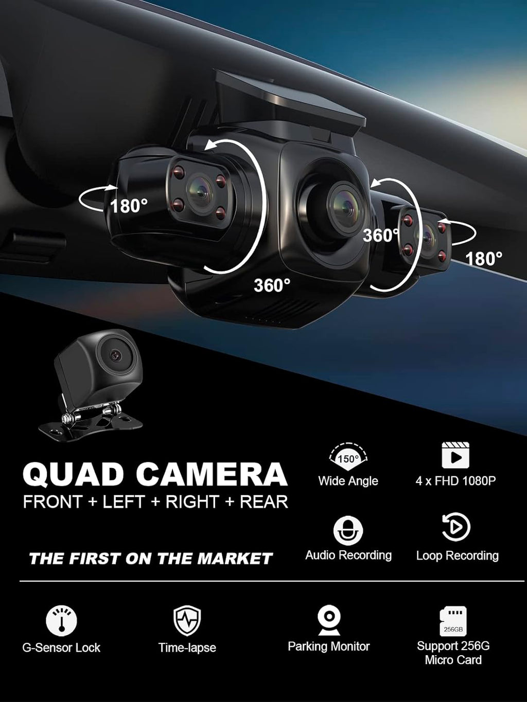 4 Channel Dash Cam Front Rear Inside FHD 1080P for Cars, Built-in WiFi T111