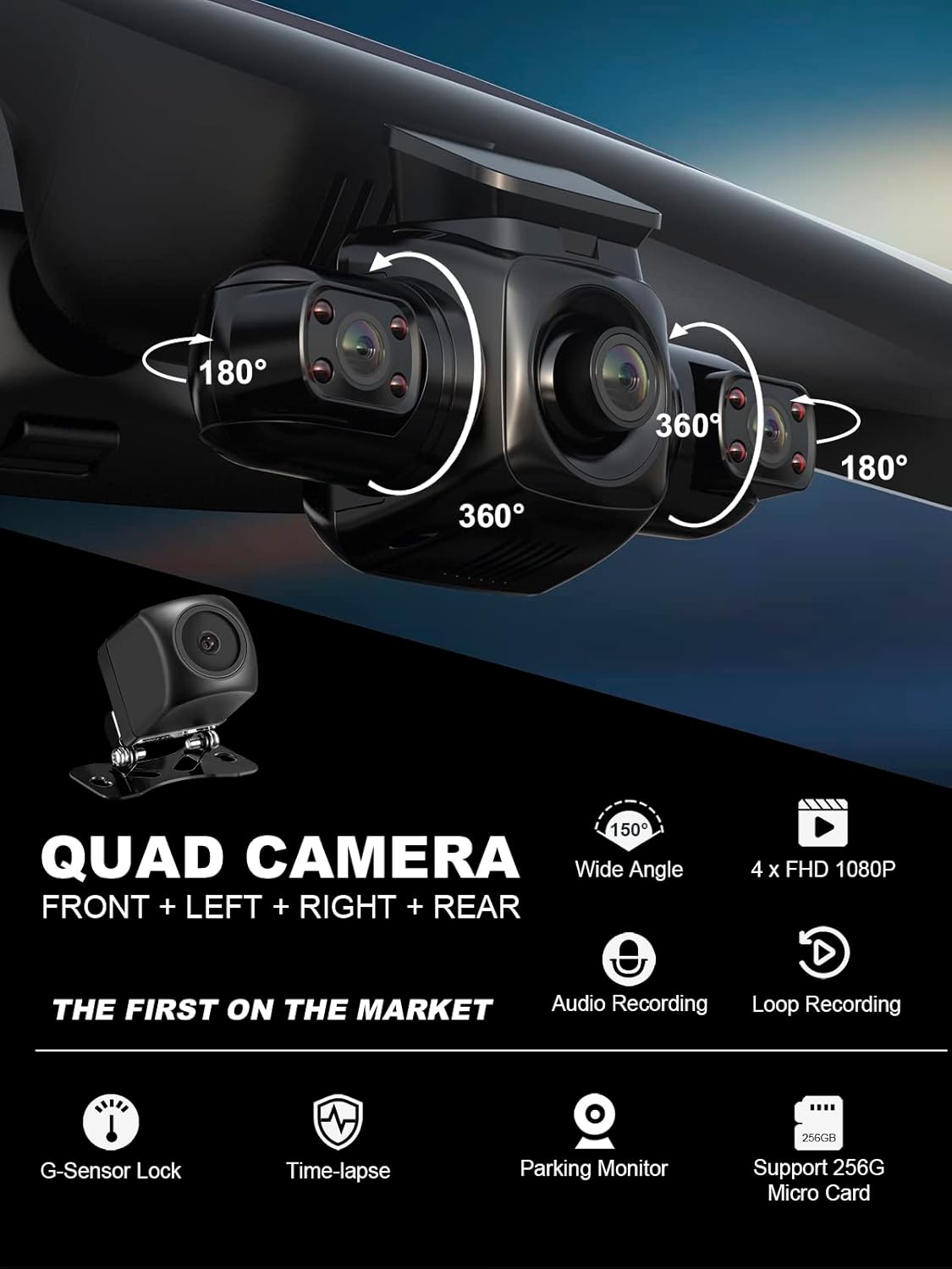 4 Channel Dash Cam Front Rear Inside FHD 1080P for Cars, Built-in WiFi T111