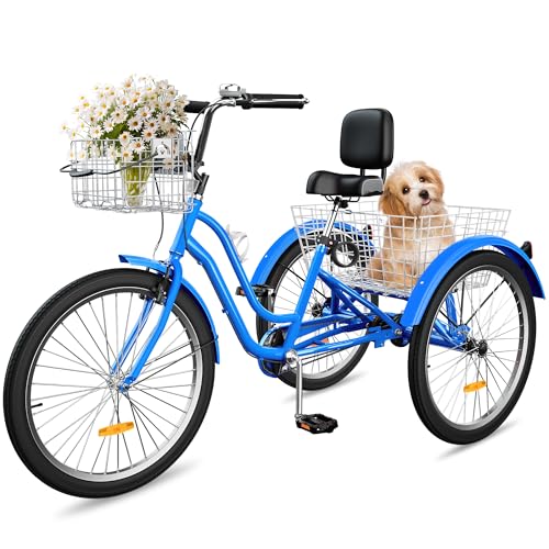 YITAHOME Adult Tricycle, 24 & 26 Inch 3-Wheel Bikes, 1 & 7 Speed Trike for Adults, Low Step-Through Cruiser Bike with Front and Rear Baskets, Large Seat with Backrest for Seniors, Women, Men