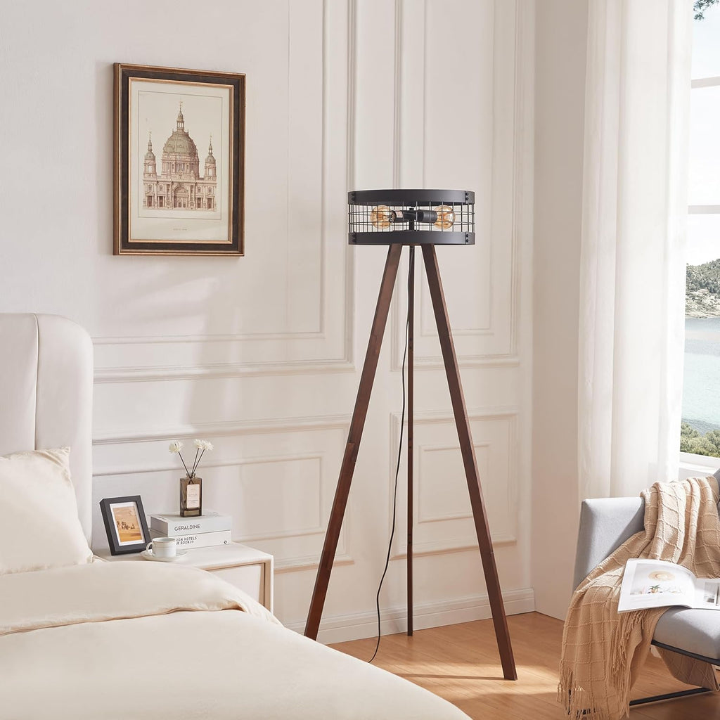 Wood Tripod Floor Lamp with Metal Drum Shade, E26 Base U2299