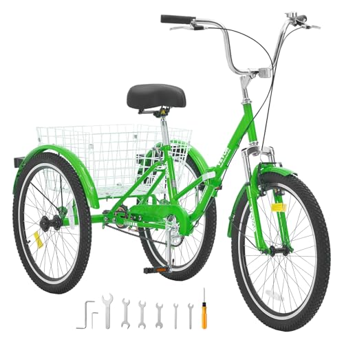 VEVOR Folding Adult Tricycle 24-Inch 3 Wheel Cruiser Bike with Basket, Green Z765777