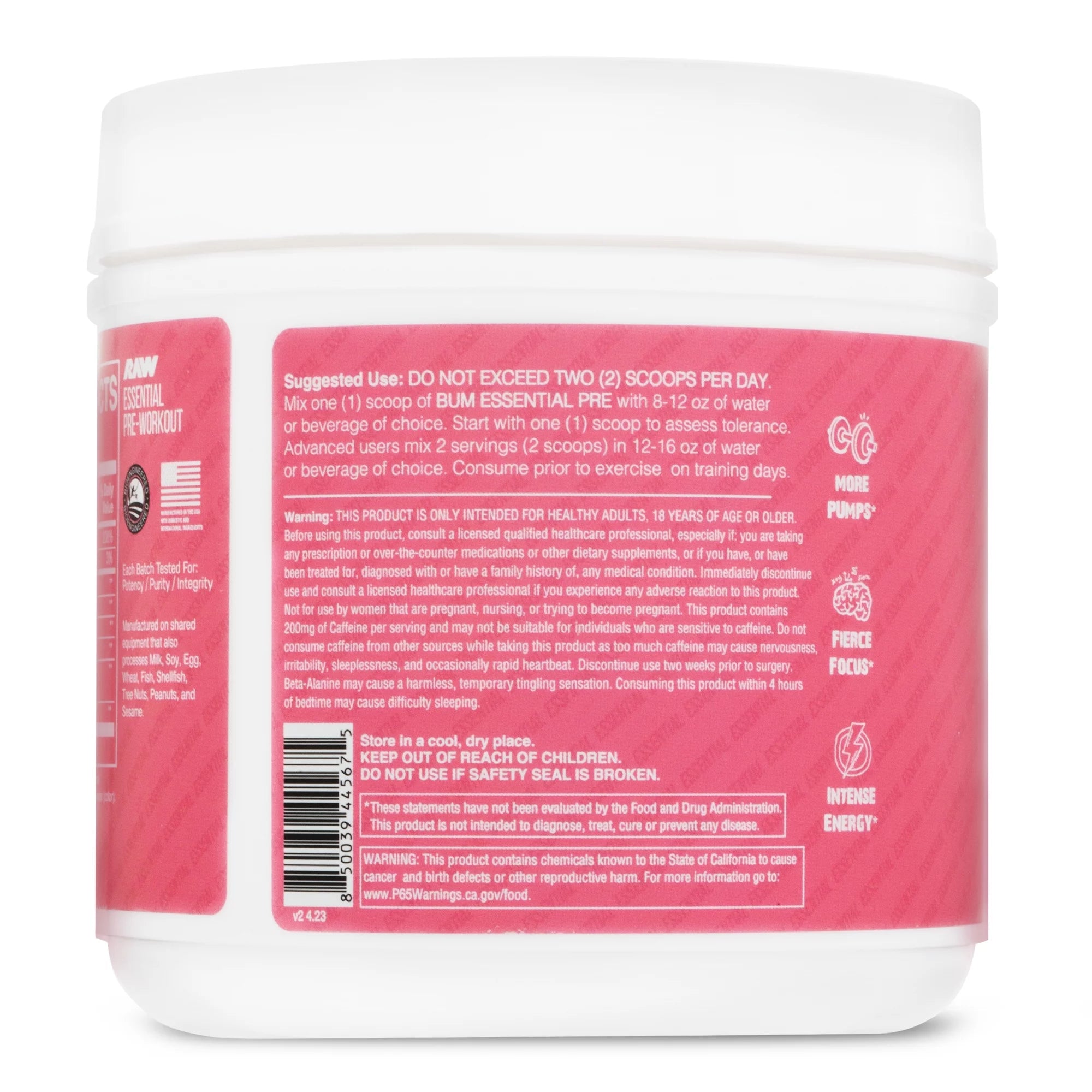 RAW Nutrition Essential Pre Workout Powder, Sour Watermelon, 30 Servings V6904