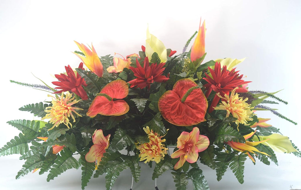 R46 Lily and Mum Cemetery Flower Arrangement, Headstone Saddle, Grave, Tombstone Arrangement, Cemetery Flowers
