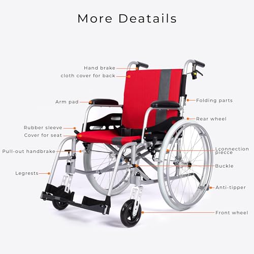 Magnesium Lightweight Wheelchair 21lbs Self Propelled Folding with Travel Bag and Cushion, Red V8054