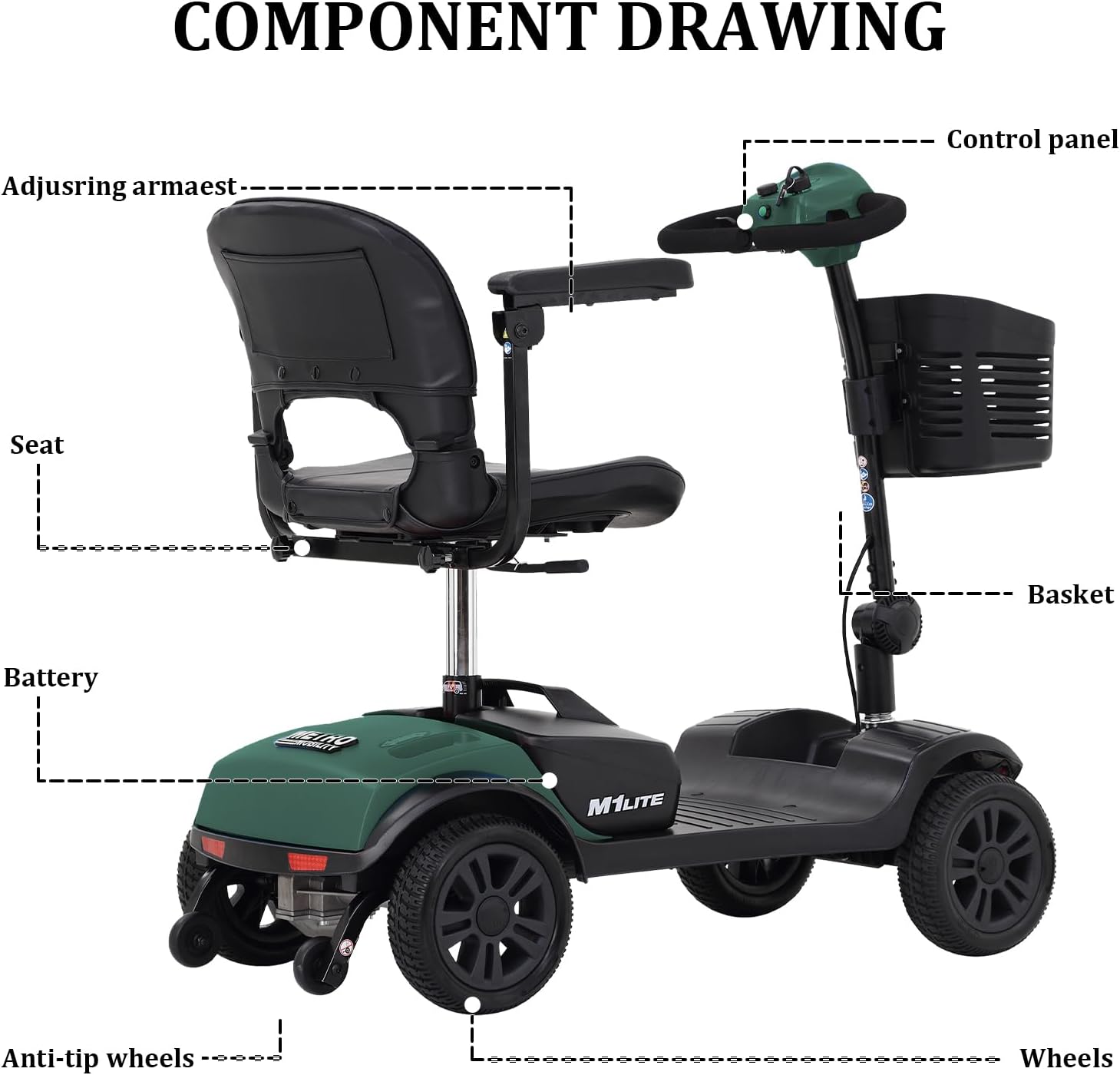 Electric Mobility Scooter for Adults with Seat, 300 lbs Capacity, Green U439785