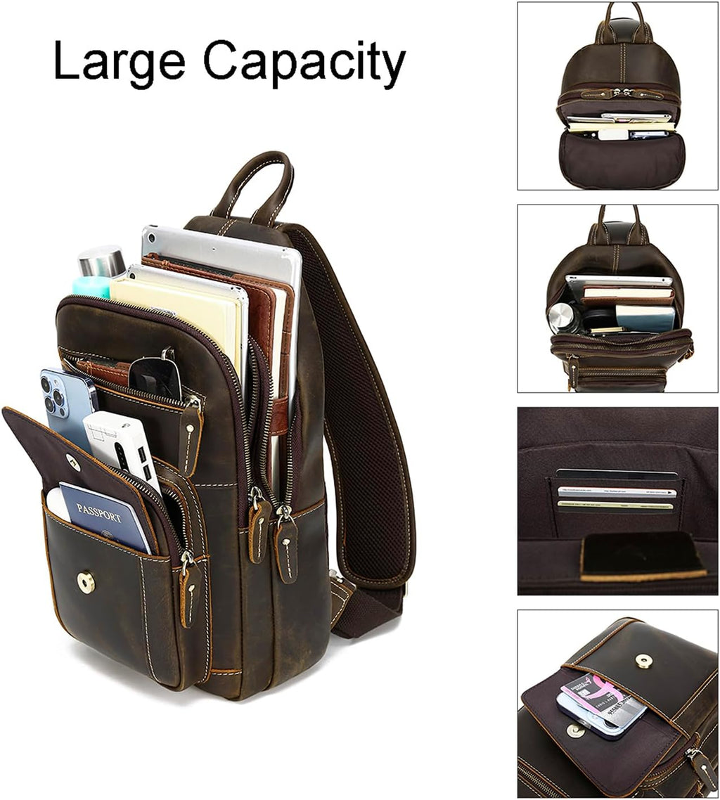 Men's Vintage Full Grain Leather Crossbody Sling Bag with Multi-Pocket, Fits 12.9" iPad G23017
