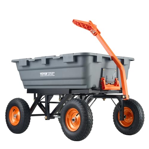 VEVOR 1200lbs 7Cu.Ft. Garden Dump Cart with 2-in-1 Convertible Handle and 13in All Terrain Wheels, Heavy Duty Poly Yard Dump Wagon Utility ATV Trailer Dump Cart Tow Behind for Lawn Mower Tractor