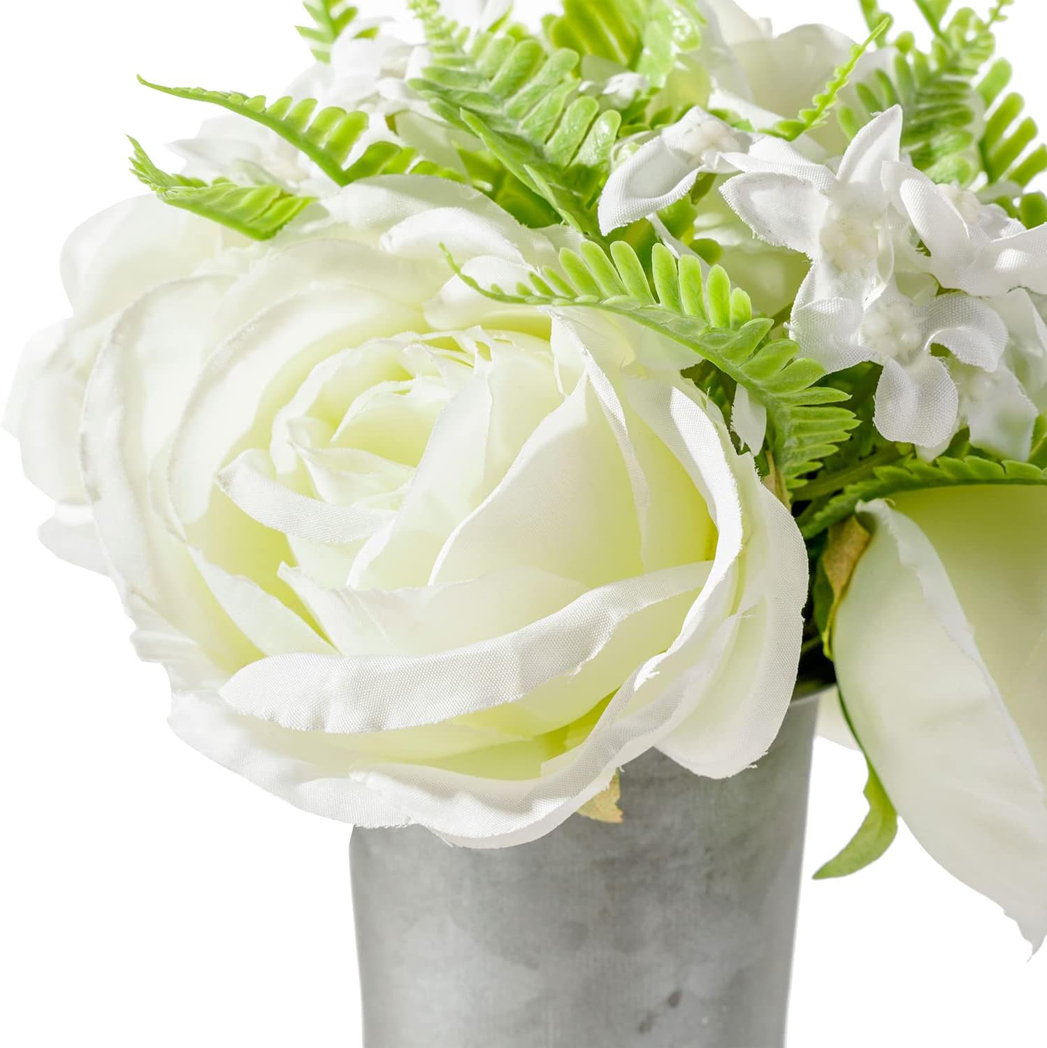 MyGift 8 Inch Galvanized Metal Flower Vase with Faux White Roses X9162
