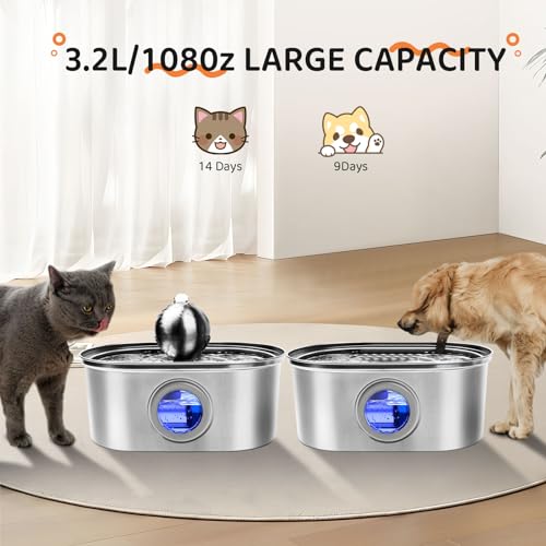 Stainless Steel Cat Water Fountain, 108oz with Water Level Window B9718