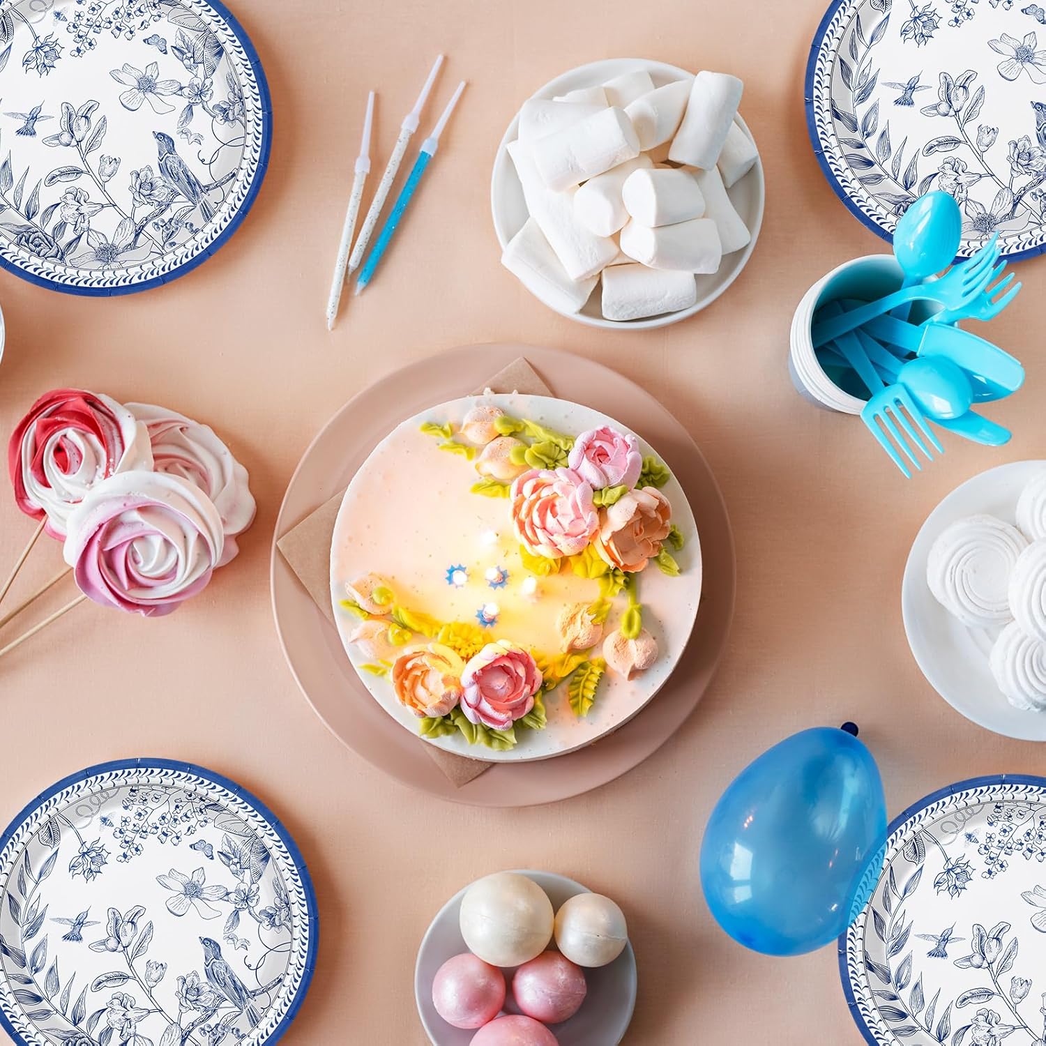 AnyDesign 24Pcs Blue White Paper Plates 9 Inch Vintage Floral Disposable Dinner Plates X3041
