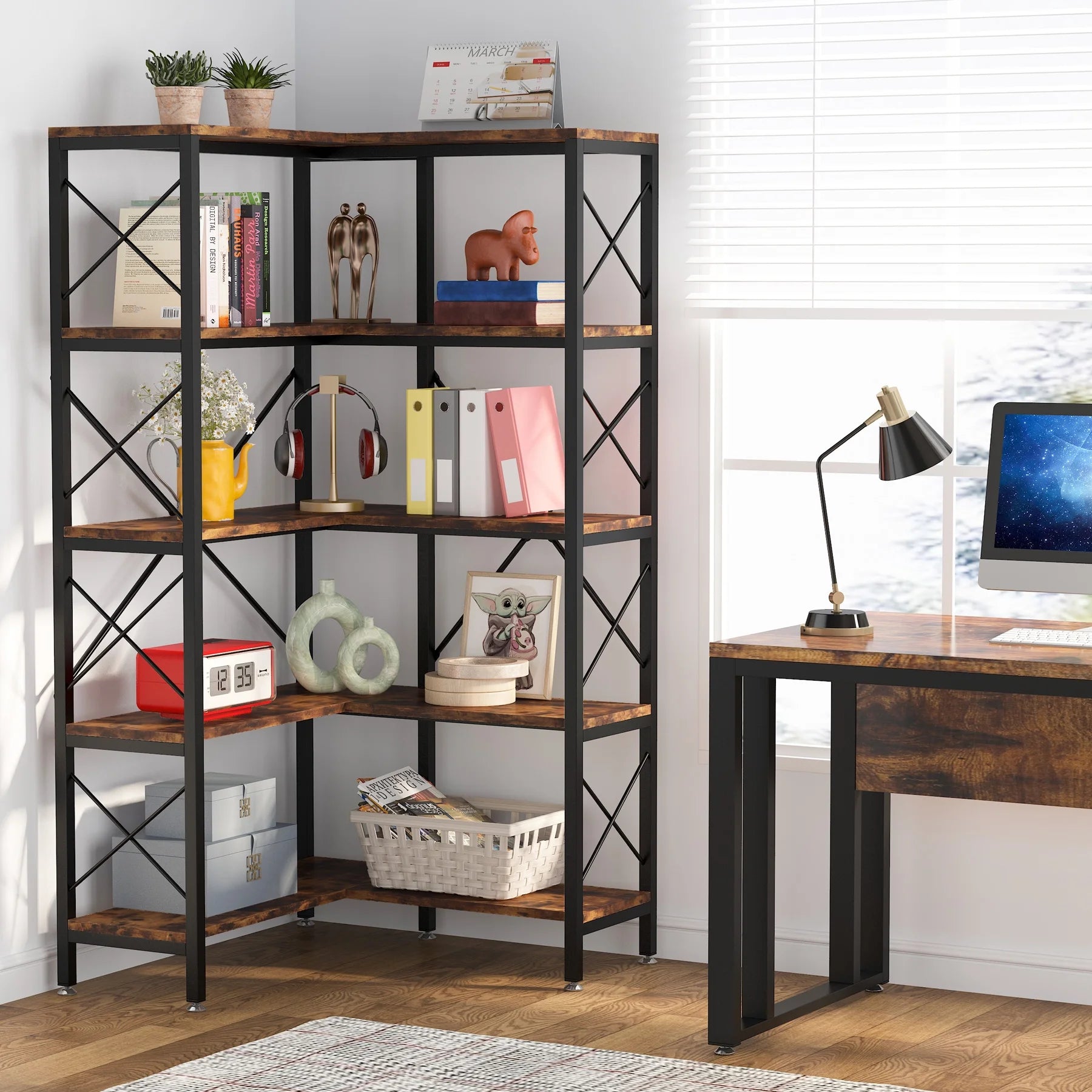 Tribesigns 5-Tier Corner Bookshelf, Tall Open Display Rack, Rustic Brown W18856