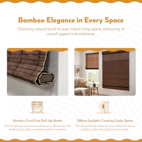 Radiance Cordless Bamboo Roman Shades for Windows - Flatstick Blinds - Driftwood - 28.5 in. W x 64 in. L W228